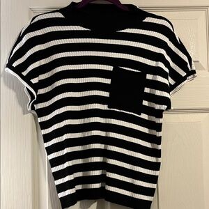 Nine West Business Casual Black and White Striped Sweater Short Sleeved Top